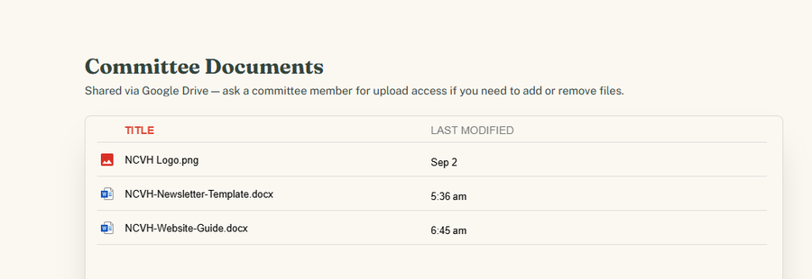 The password-protected committee area, listing shared documents pulled directly from a private Google Drive folder